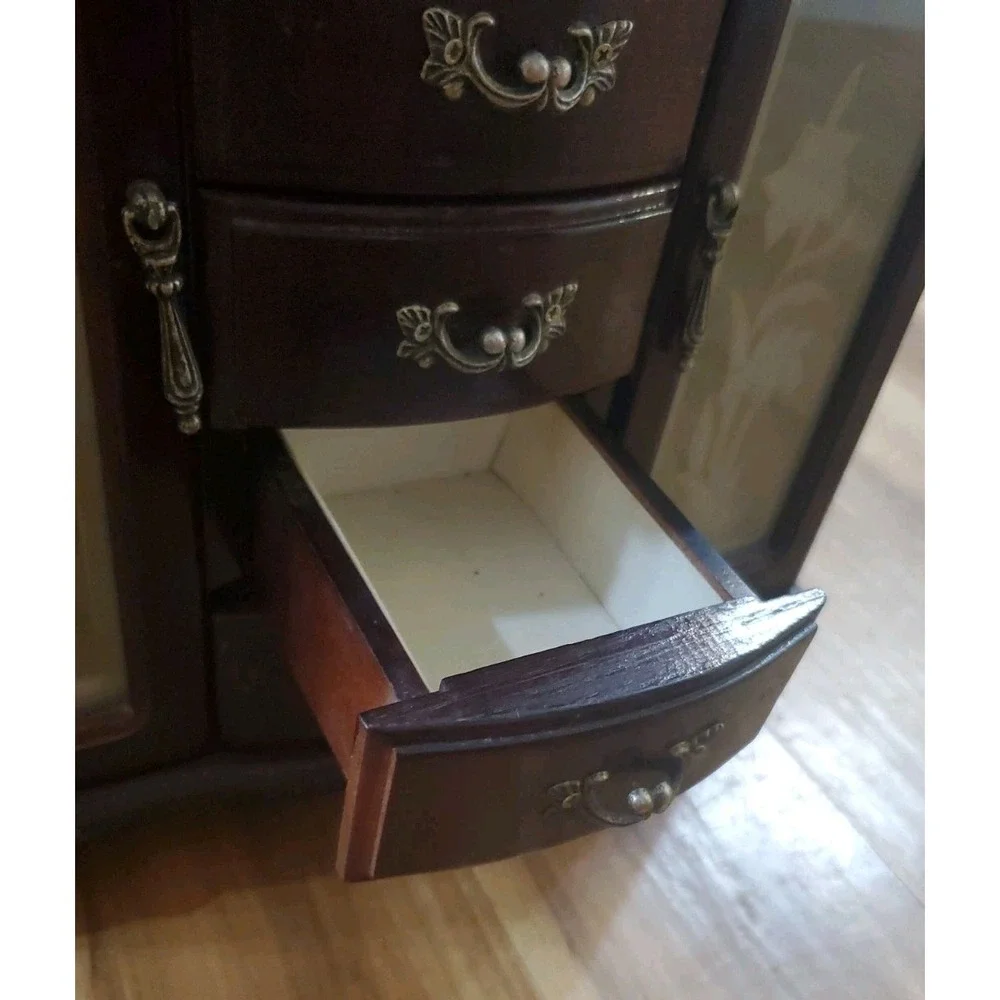 Vintage Wooden Armoire Style Jewelry Box Multiple Drawers FLAWED